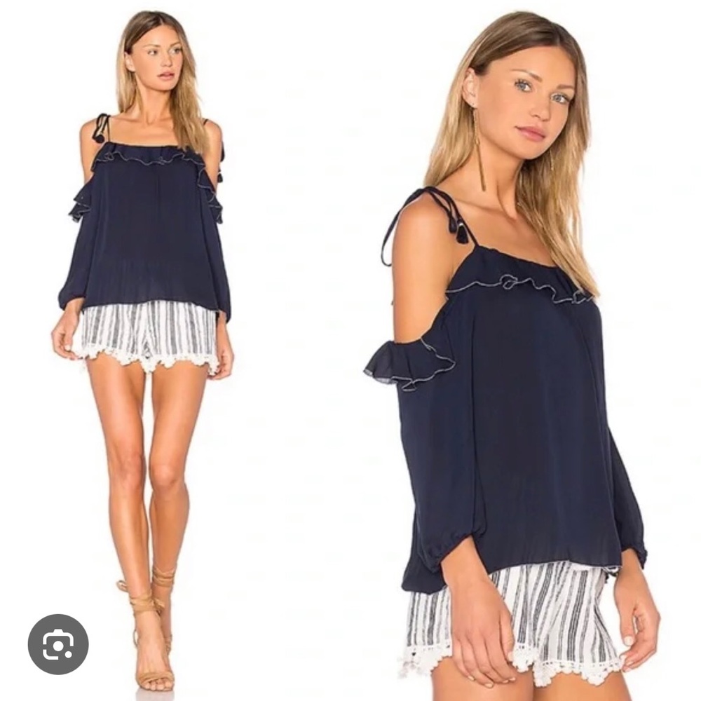 Joie Navy Cold-Shoulder Ruffle Tie-Shoulder Blouse Size L - Picture 2 of 11